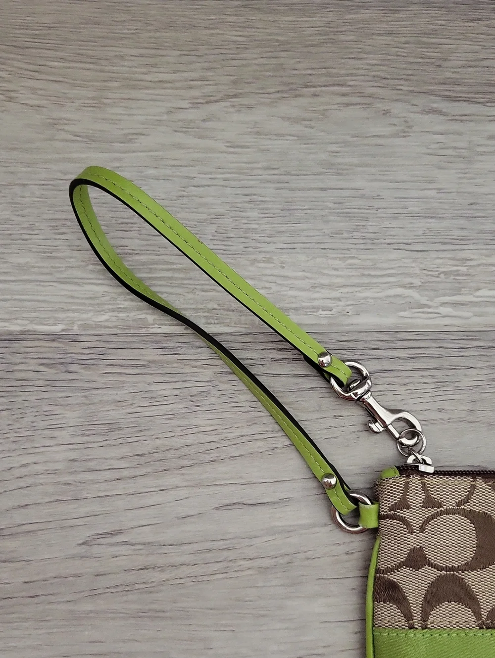Coach Signature Wristlet Lime Green Trim Khaki Jacquard Wrist Strap Mini Pouch